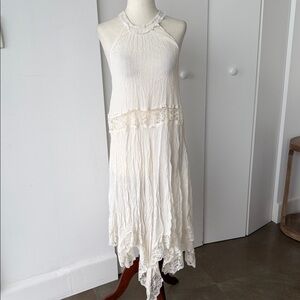 Sleeveless Cream Lace-Trim High-Low Dress
